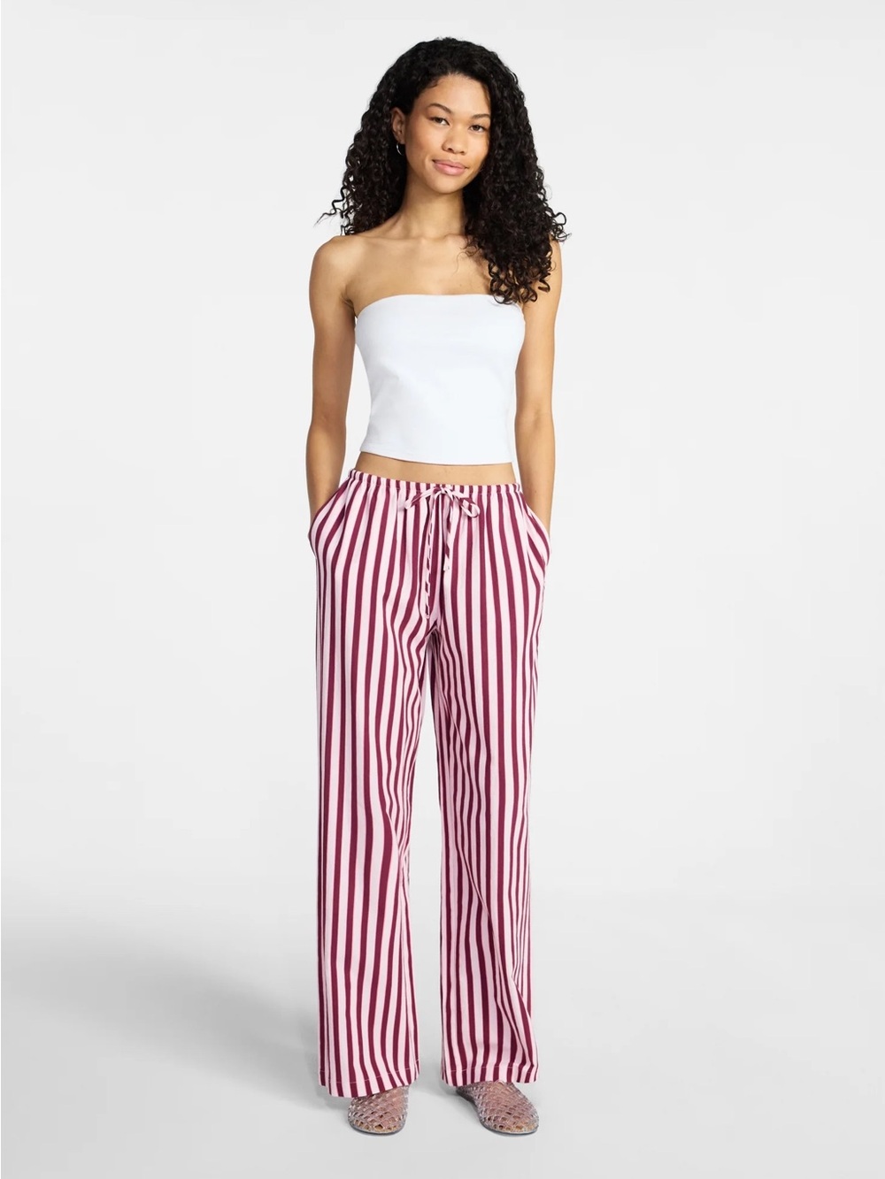 NWT Vertical Stripe Wide-Leg Drawstring Pants - Burgundy and Pink